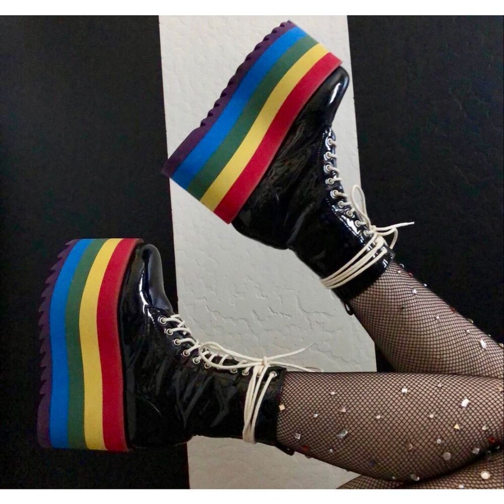 Current Mood Dolls Kill Patent Rainbow Platform Boots Sz 11 Festival Rave Pride